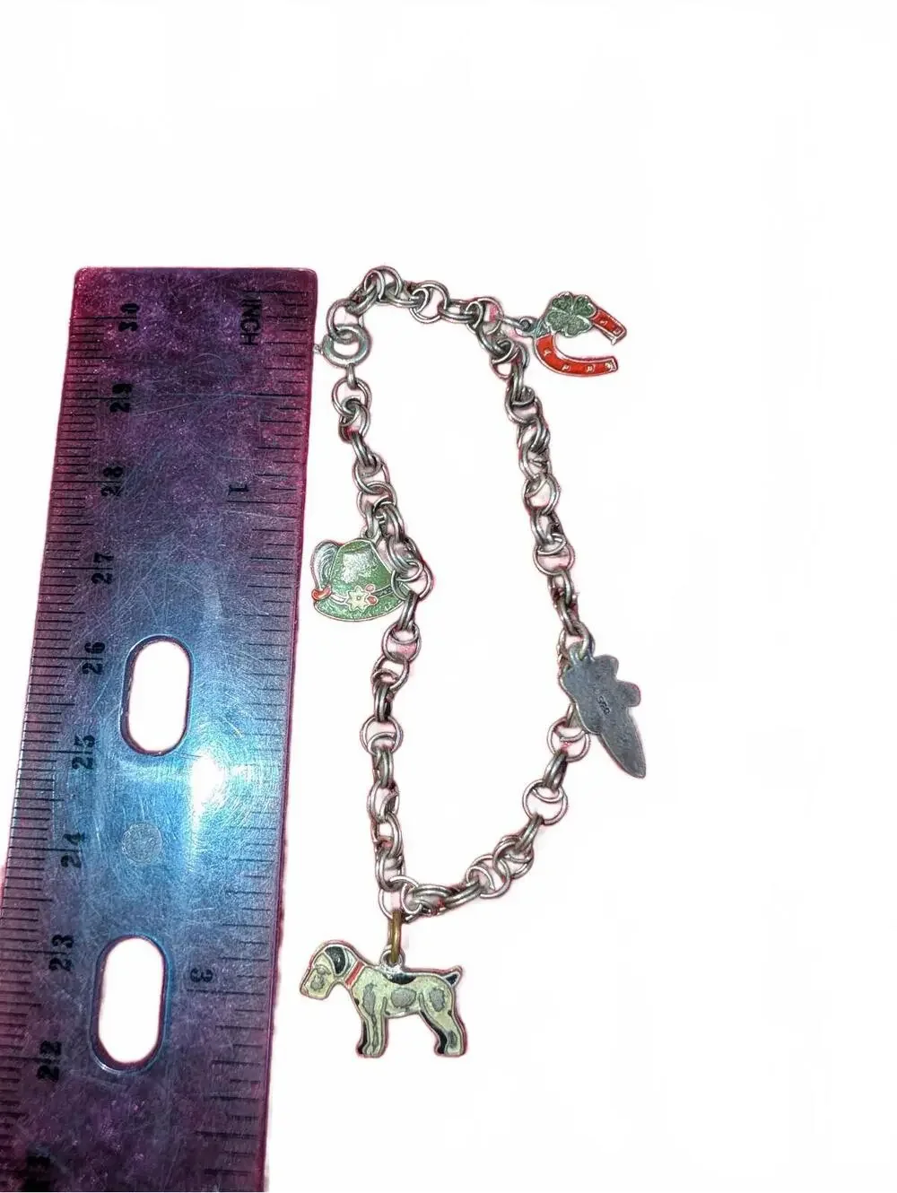 Vintage Silver Tone Charm Bracelet with Enamel Dog, Clover, Horseshoe, Pinecone,